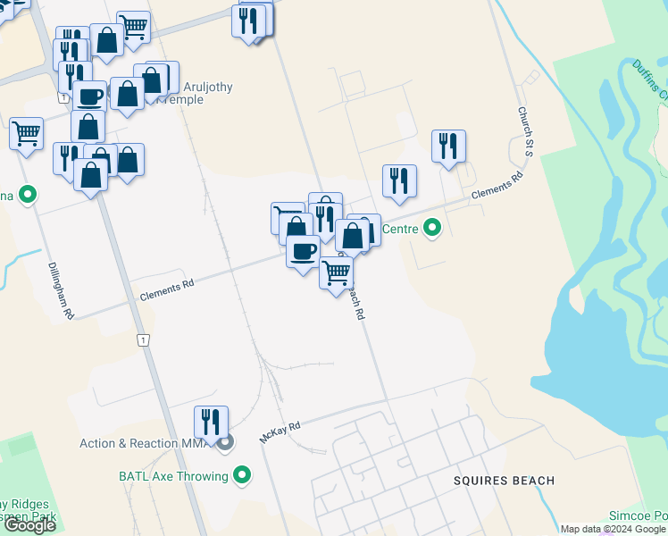 map of restaurants, bars, coffee shops, grocery stores, and more near 1895 Clements Road in Pickering