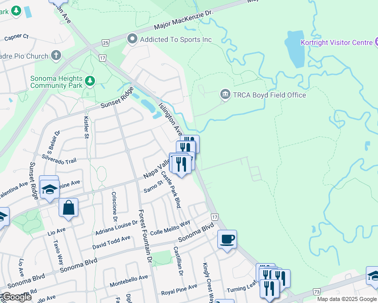 map of restaurants, bars, coffee shops, grocery stores, and more near 9681 York Regional Road 17 in Vaughan