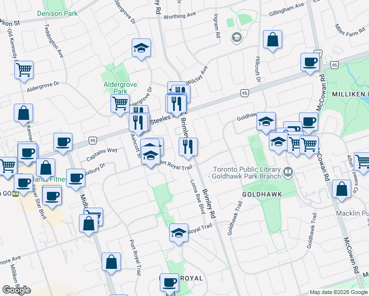 map of restaurants, bars, coffee shops, grocery stores, and more near 3370 Brimley Road in Toronto
