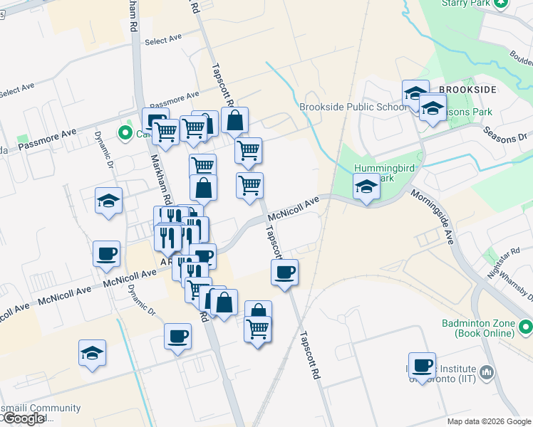 map of restaurants, bars, coffee shops, grocery stores, and more near 1251 Tapscott Road in Toronto