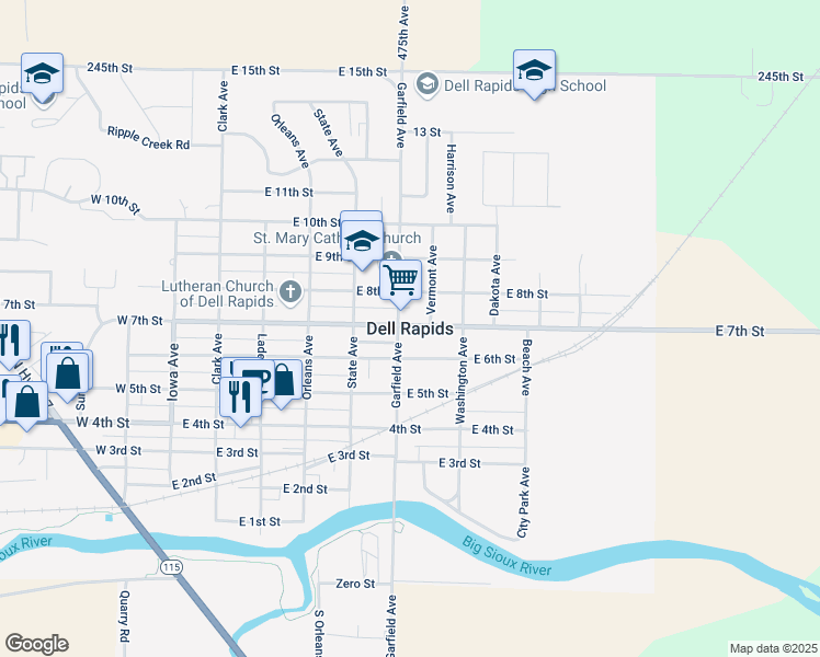 map of restaurants, bars, coffee shops, grocery stores, and more near in Dell Rapids