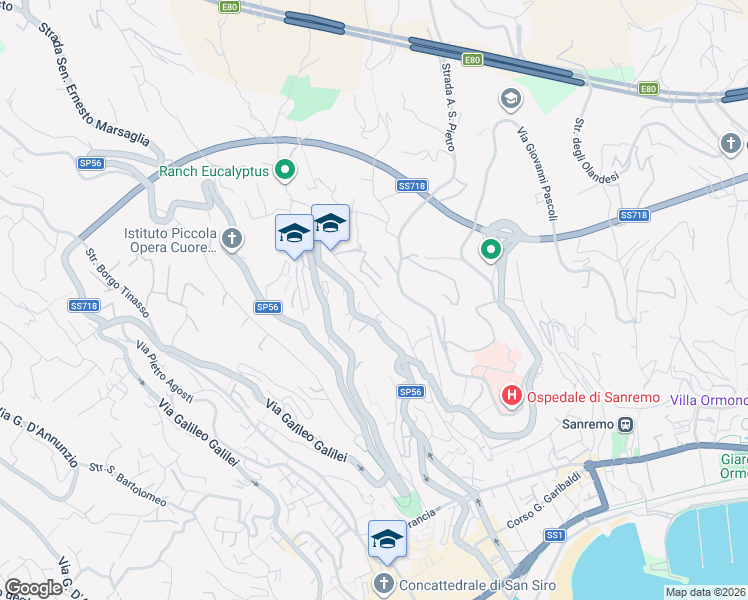 map of restaurants, bars, coffee shops, grocery stores, and more near 100 Via San Francesco in Sanremo