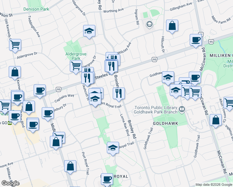 map of restaurants, bars, coffee shops, grocery stores, and more near 3370 Brimley Road in Toronto