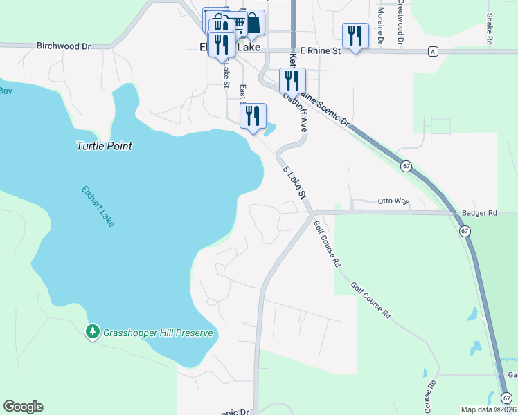 map of restaurants, bars, coffee shops, grocery stores, and more near 35 Point Elkhart Drive in Elkhart Lake