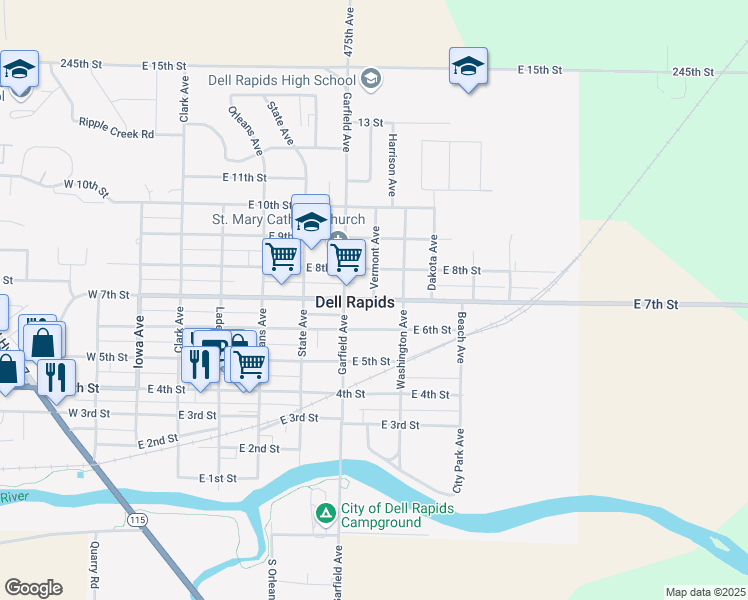 map of restaurants, bars, coffee shops, grocery stores, and more near East 7th Street in Dell Rapids