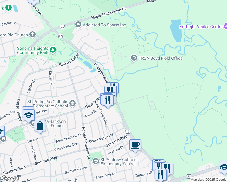 map of restaurants, bars, coffee shops, grocery stores, and more near 9681 York Regional Road 17 in Vaughan