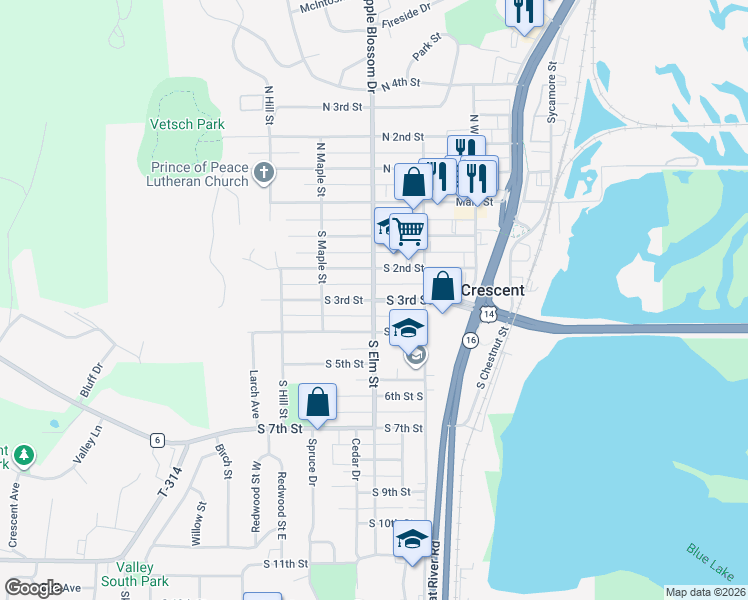 map of restaurants, bars, coffee shops, grocery stores, and more near 300 South Elm Street in La Crescent