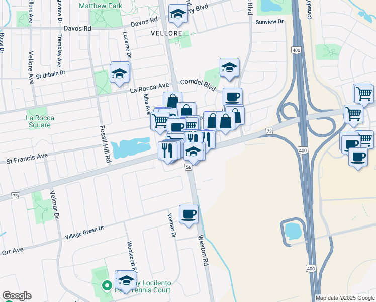 map of restaurants, bars, coffee shops, grocery stores, and more near Weston Rd & Rutherford Rd in Vaughan