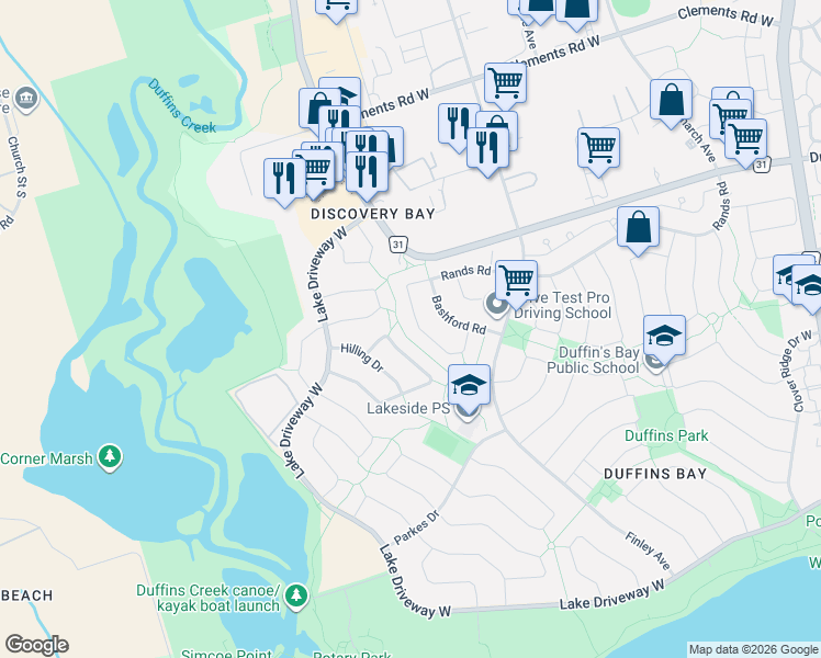 map of restaurants, bars, coffee shops, grocery stores, and more near 226 Rands Road in Ajax