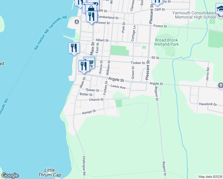 map of restaurants, bars, coffee shops, grocery stores, and more near 42 Queen Street in Yarmouth