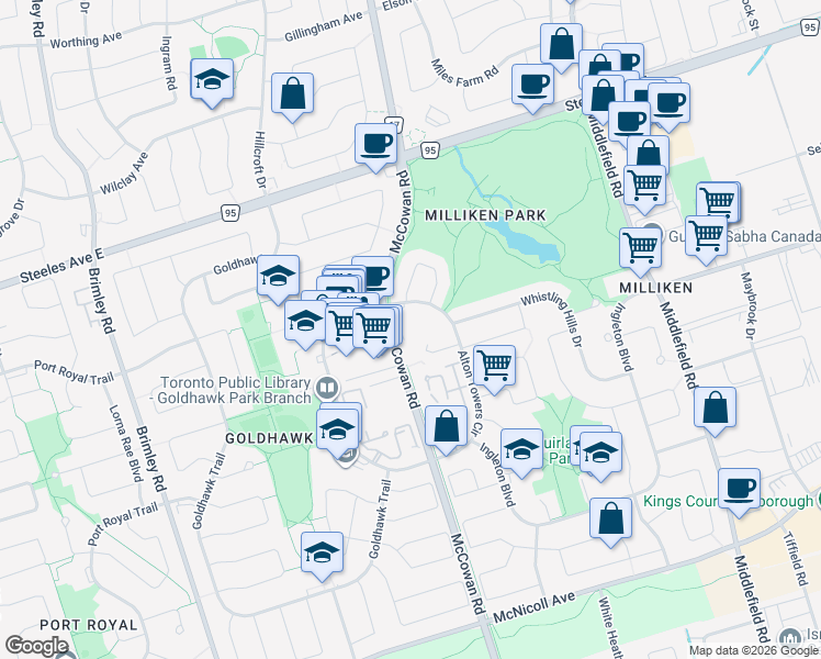 map of restaurants, bars, coffee shops, grocery stores, and more near 160 Alton Towers Circle in Toronto