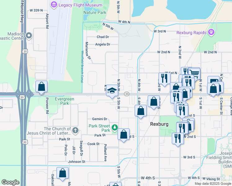 map of restaurants, bars, coffee shops, grocery stores, and more near 23 South 5th West in Rexburg