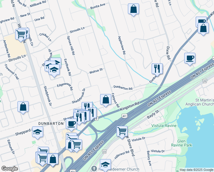 map of restaurants, bars, coffee shops, grocery stores, and more near 1744 Fairport Road in Pickering