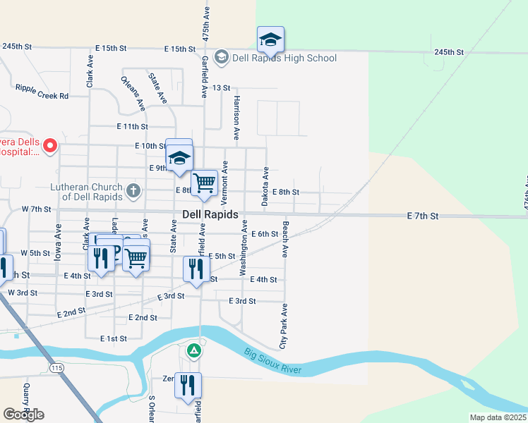 map of restaurants, bars, coffee shops, grocery stores, and more near 804 East 6th Street in Dell Rapids