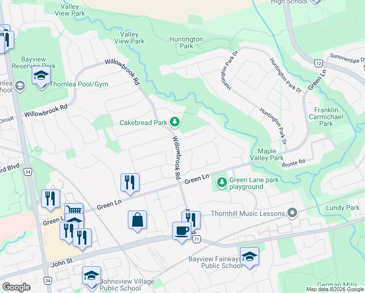 map of restaurants, bars, coffee shops, grocery stores, and more near 190 Willowbrook Road in Markham
