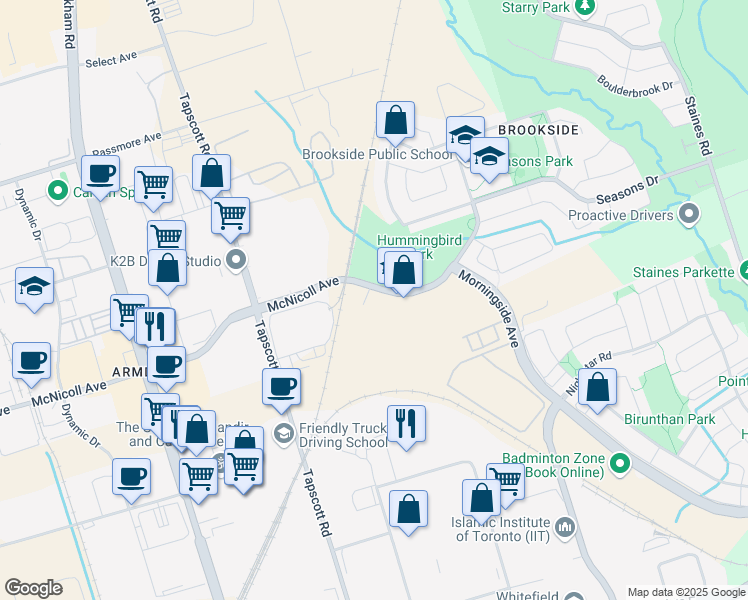 map of restaurants, bars, coffee shops, grocery stores, and more near 3825 McNicoll Avenue in Toronto