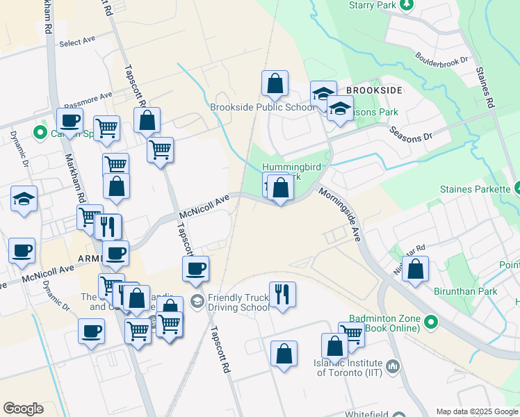 map of restaurants, bars, coffee shops, grocery stores, and more near 3825 McNicoll Avenue in Toronto