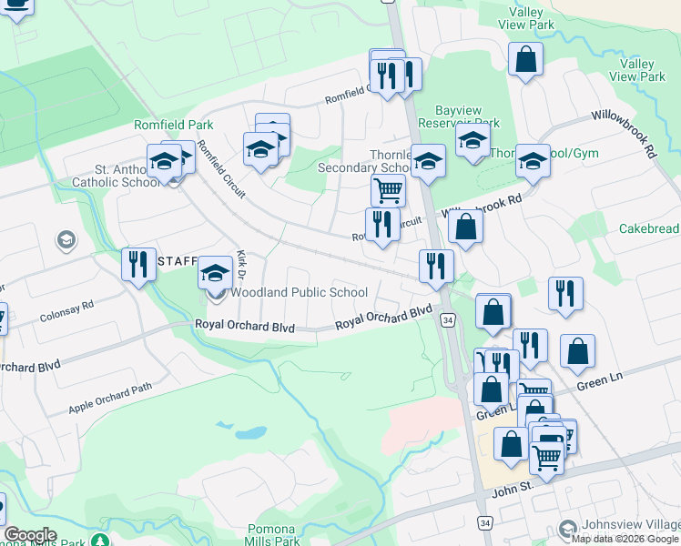 map of restaurants, bars, coffee shops, grocery stores, and more near 28 Blue Spruce Lane in Markham