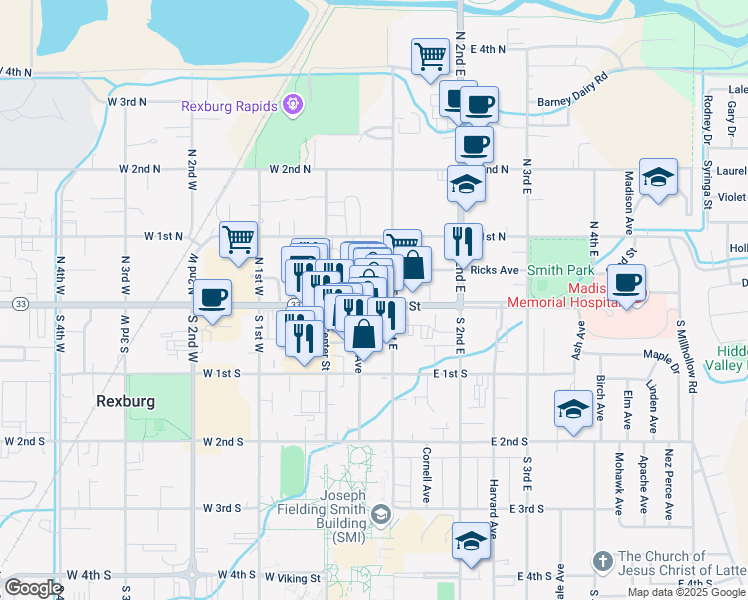 map of restaurants, bars, coffee shops, grocery stores, and more near 48 South 1st East in Rexburg