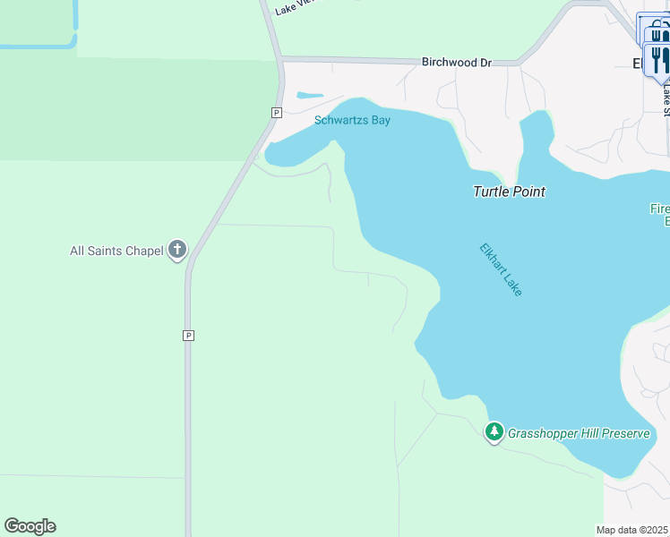 map of restaurants, bars, coffee shops, grocery stores, and more near Lakeside Park Road in Elkhart Lake