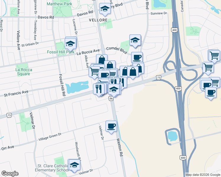 map of restaurants, bars, coffee shops, grocery stores, and more near in Vaughan