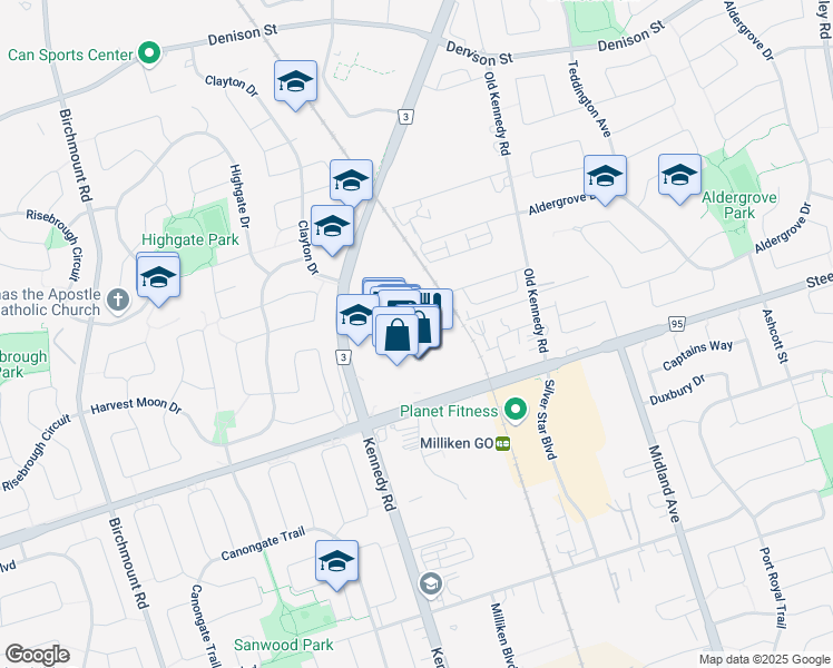map of restaurants, bars, coffee shops, grocery stores, and more near 4390 Steeles Avenue East in Markham