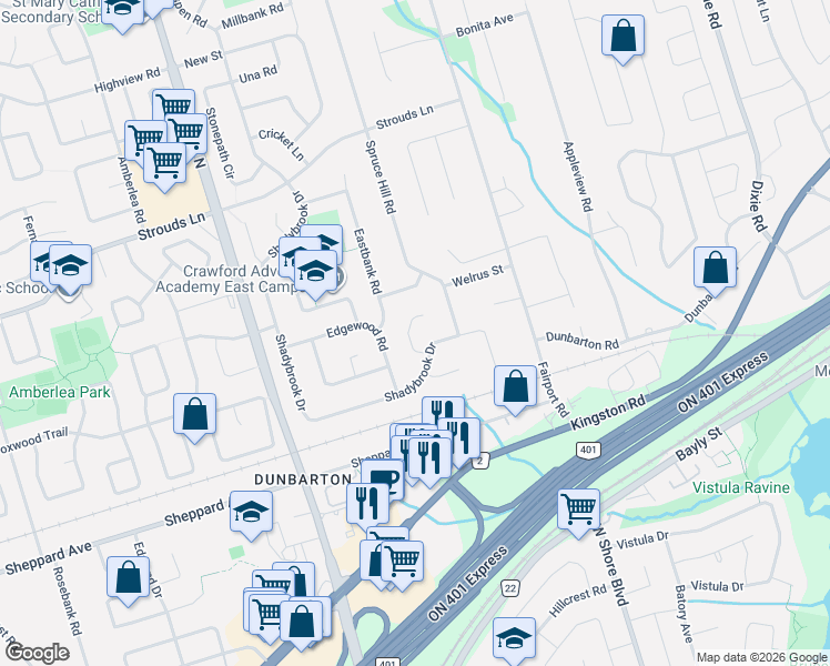 map of restaurants, bars, coffee shops, grocery stores, and more near 1731 Ada Court in Pickering