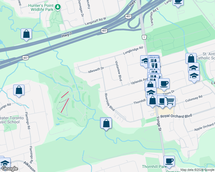 map of restaurants, bars, coffee shops, grocery stores, and more near 55 Riverside Boulevard in Vaughan