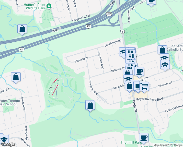 map of restaurants, bars, coffee shops, grocery stores, and more near 55 Riverside Boulevard in Vaughan