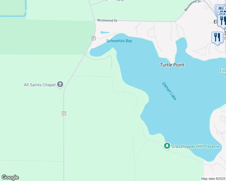 map of restaurants, bars, coffee shops, grocery stores, and more near Lakeside Park Road in Elkhart Lake