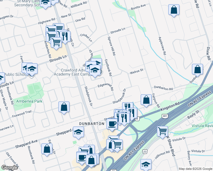 map of restaurants, bars, coffee shops, grocery stores, and more near 1743 Meadowview Avenue in Pickering