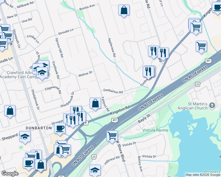 map of restaurants, bars, coffee shops, grocery stores, and more near in Pickering