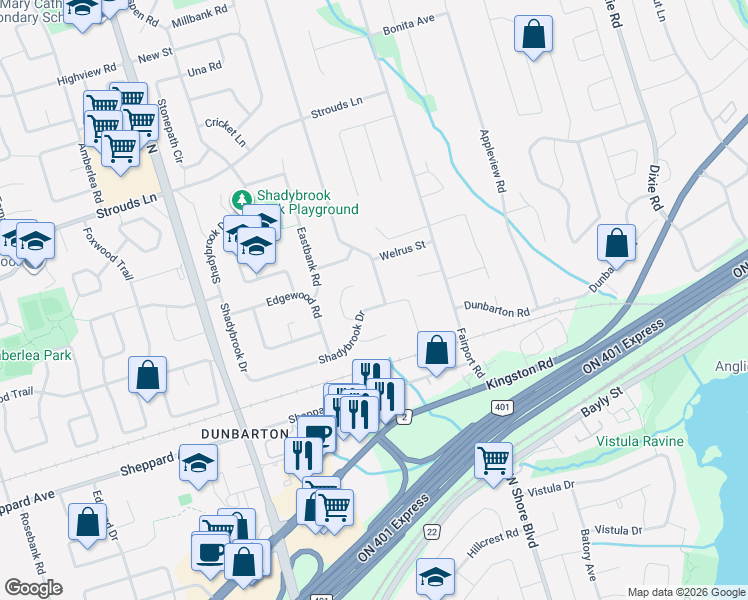 map of restaurants, bars, coffee shops, grocery stores, and more near 1766 Spruce Hill Road in Pickering