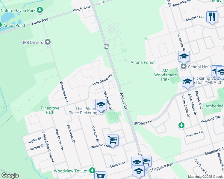 map of restaurants, bars, coffee shops, grocery stores, and more near 1870 Altona Road in Pickering
