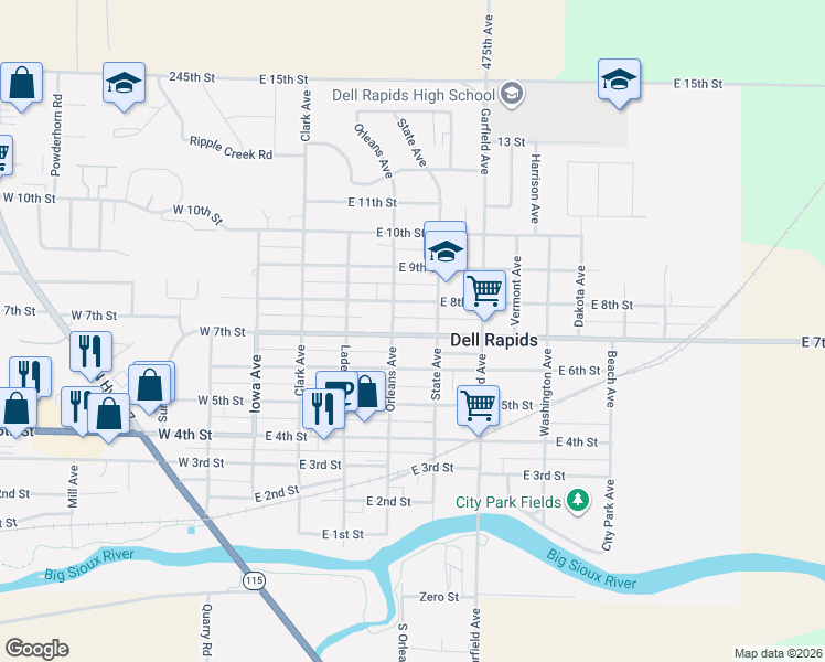 map of restaurants, bars, coffee shops, grocery stores, and more near 501-599 E 8th St in Dell Rapids