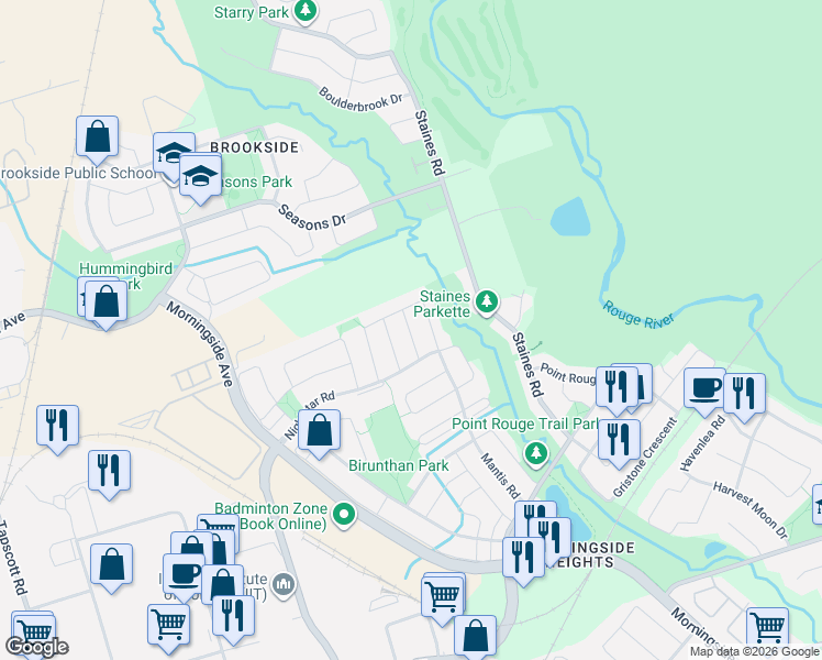 map of restaurants, bars, coffee shops, grocery stores, and more near 13 Cranberry Drive in Toronto