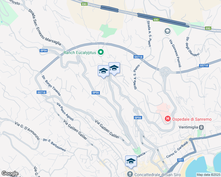 map of restaurants, bars, coffee shops, grocery stores, and more near 347 Via San Francesco in Sanremo
