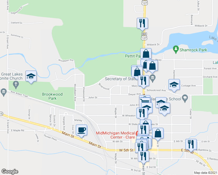 map of restaurants, bars, coffee shops, grocery stores, and more near 301 Briarwood in Clare