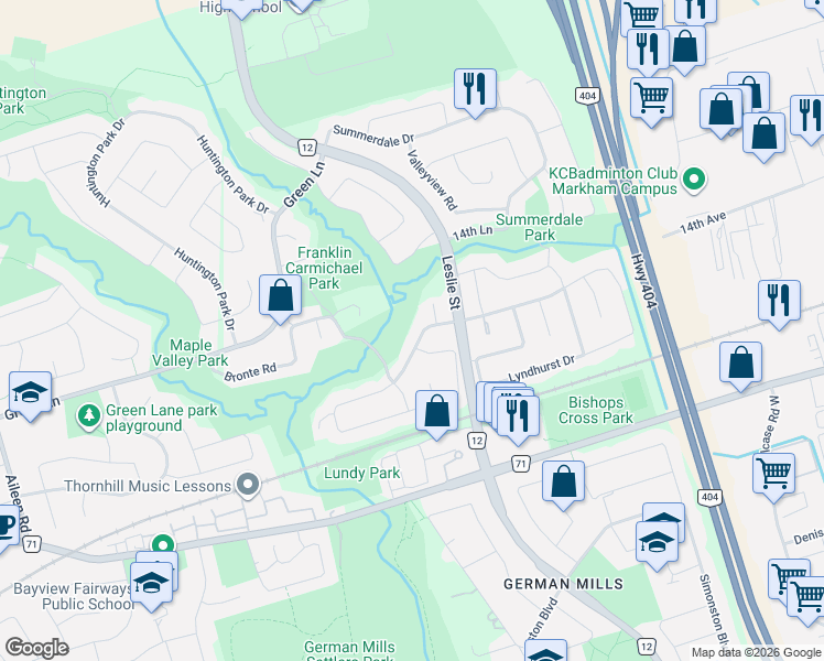 map of restaurants, bars, coffee shops, grocery stores, and more near 20 Tanglewood Trail in Markham