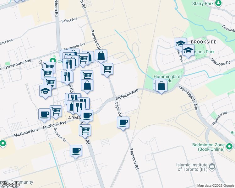 map of restaurants, bars, coffee shops, grocery stores, and more near 1251 Tapscott Road in Toronto