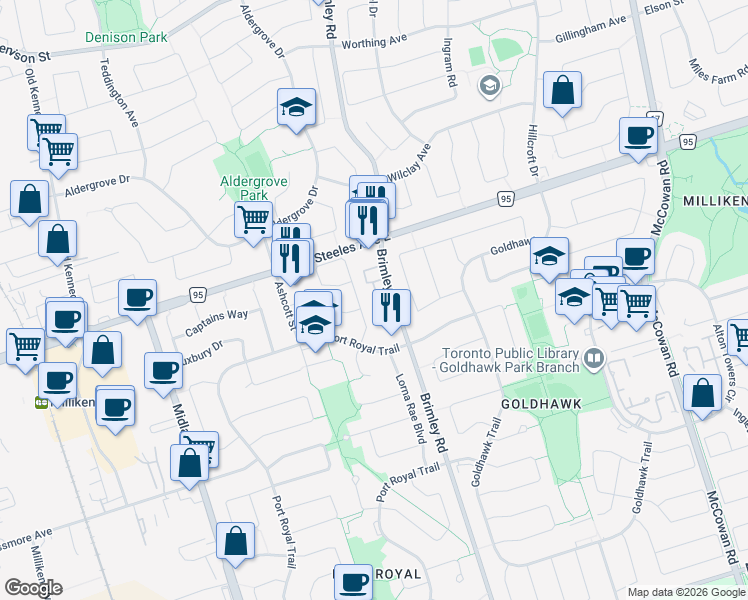 map of restaurants, bars, coffee shops, grocery stores, and more near 3500 Brimley Road in Toronto