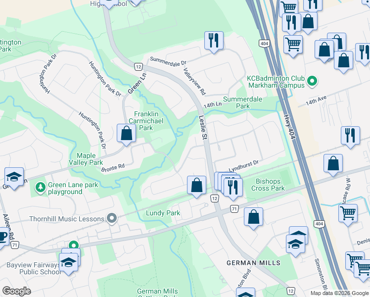 map of restaurants, bars, coffee shops, grocery stores, and more near 6 Rockley Court in Markham
