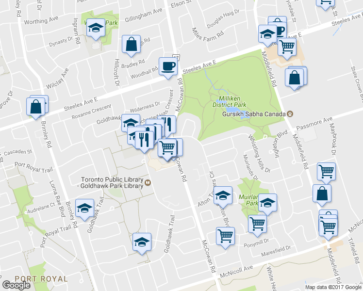 map of restaurants, bars, coffee shops, grocery stores, and more near in Toronto