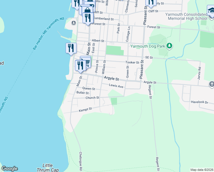 map of restaurants, bars, coffee shops, grocery stores, and more near 11 Lewis Avenue in Yarmouth