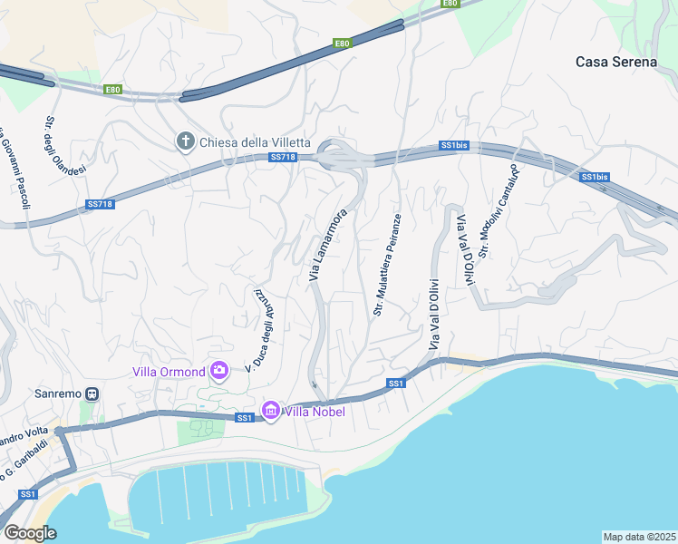 map of restaurants, bars, coffee shops, grocery stores, and more near 299A Via Alfonso Lamarmora in Sanremo