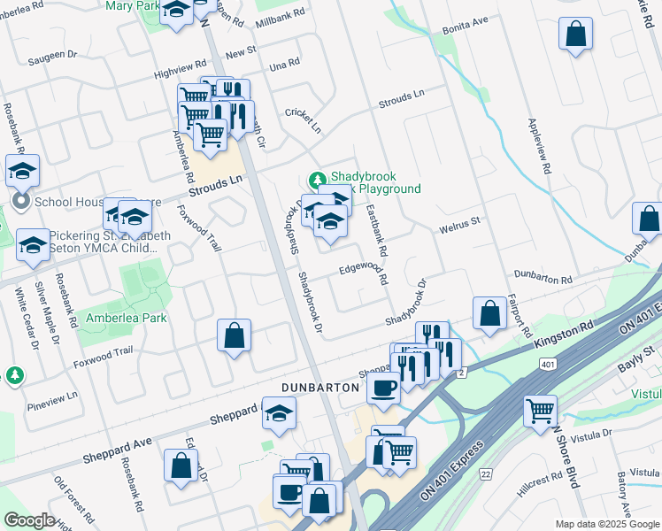 map of restaurants, bars, coffee shops, grocery stores, and more near 718 Edgewood Road in Pickering