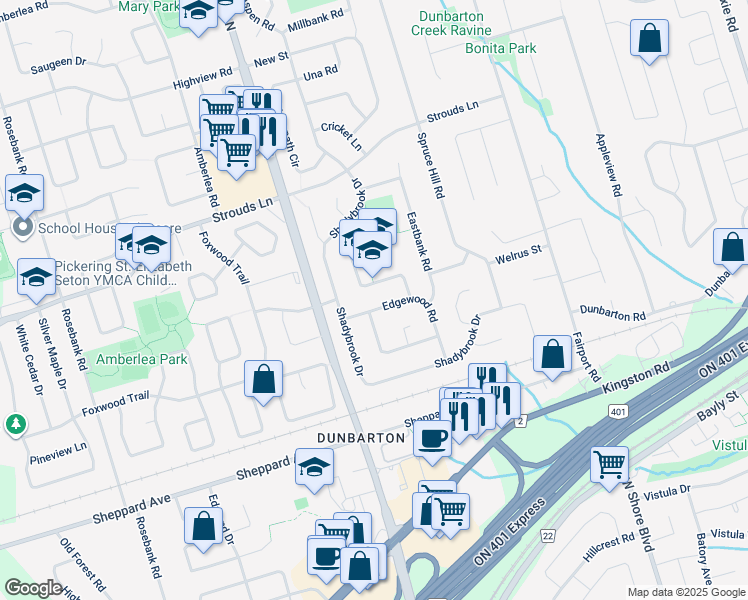 map of restaurants, bars, coffee shops, grocery stores, and more near 718 Edgewood Road in Pickering
