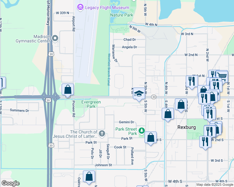 map of restaurants, bars, coffee shops, grocery stores, and more near 11 West Sunset Circle in Rexburg