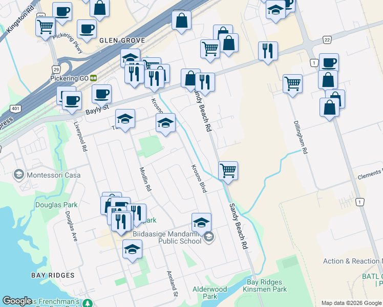 map of restaurants, bars, coffee shops, grocery stores, and more near 865 Krosno Boulevard in Pickering