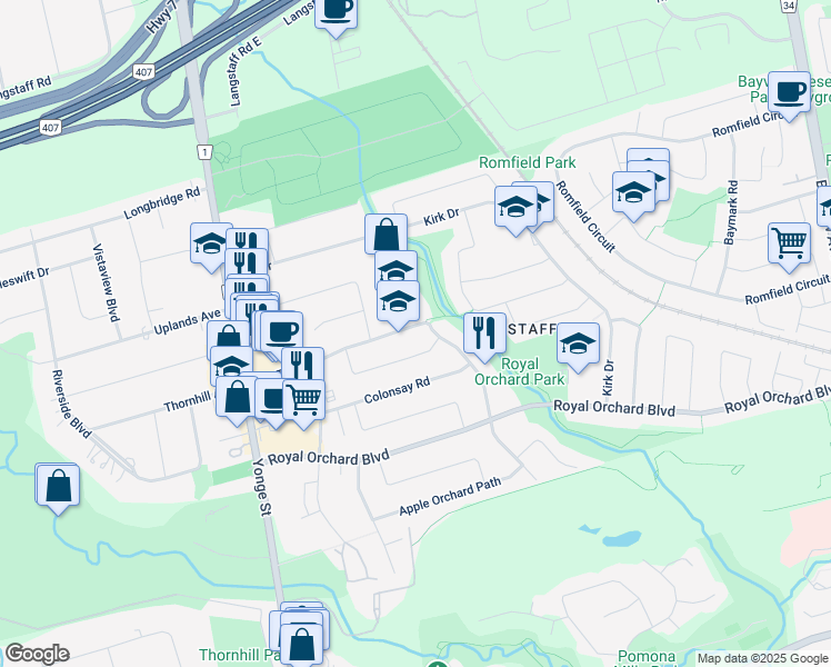 map of restaurants, bars, coffee shops, grocery stores, and more near 184 Bay Thorn Drive in Markham